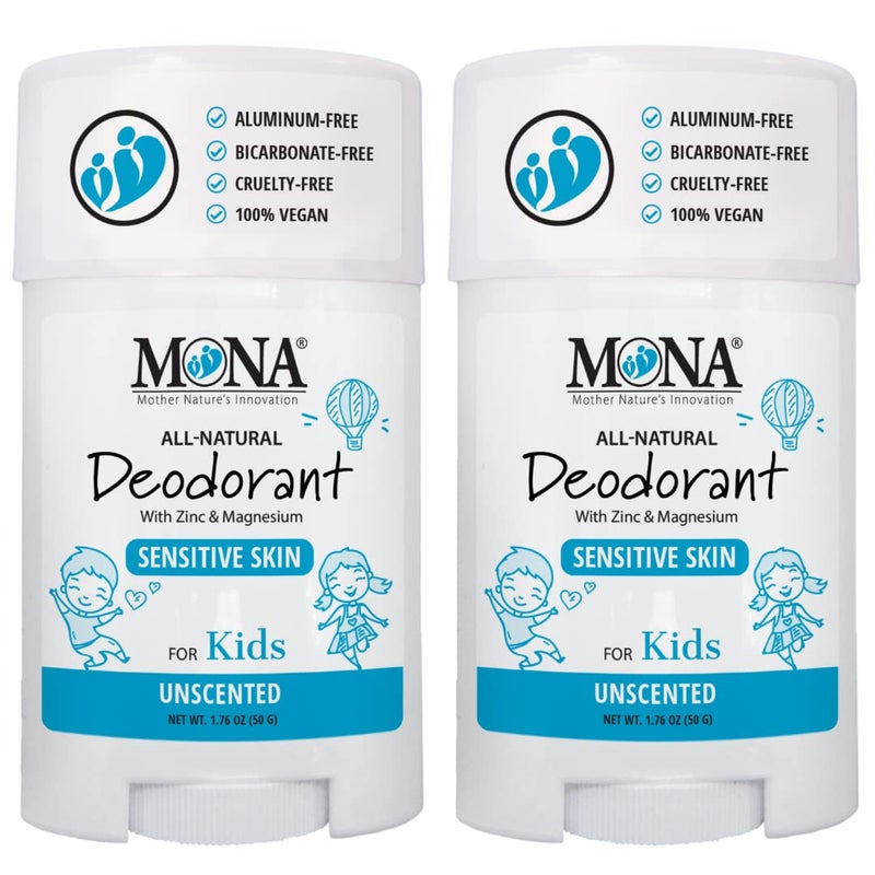 MONA Brands UNSCENTED All Natural Deodorant for Kids  Safe for Kids Preteens Teens Boys and Girls  Baking Soda Free Aluminum Free Vegan 2PK UNSCENTED 176 Oz each